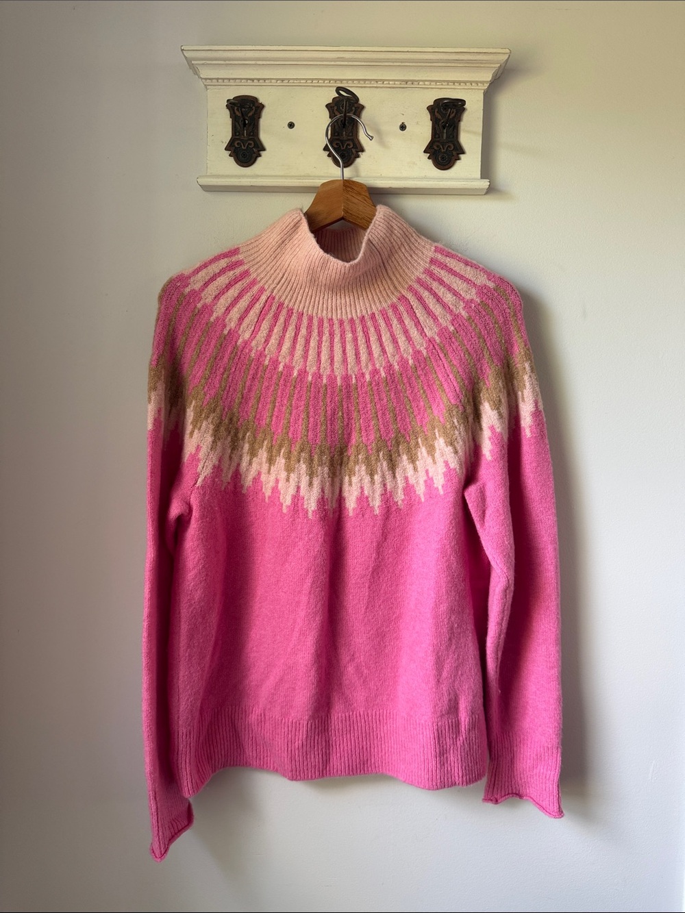 J. Crew Pink Fair Isle Turtleneck Sweater Cream & Brown Alpaca Blend Classic